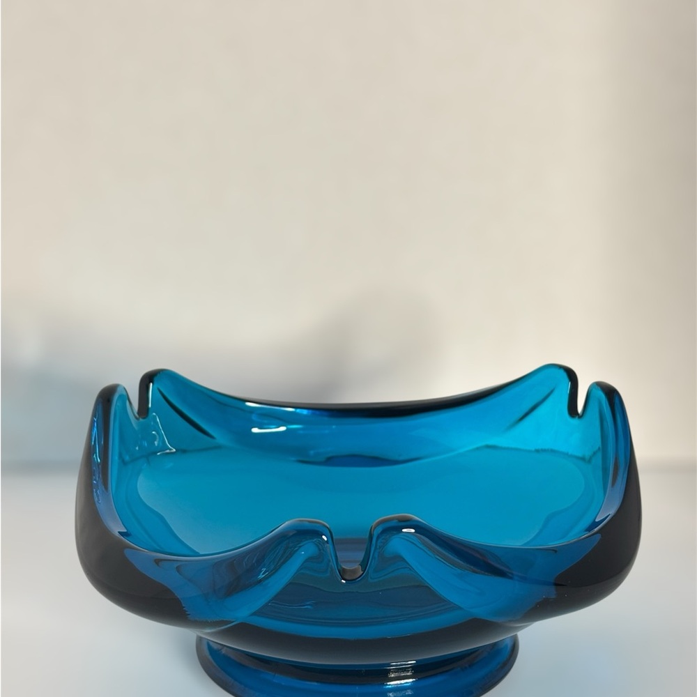 Vintage Viking Glass Bluenique Epic Scalloped Pedestal Bowl/Ashtray ~MCM